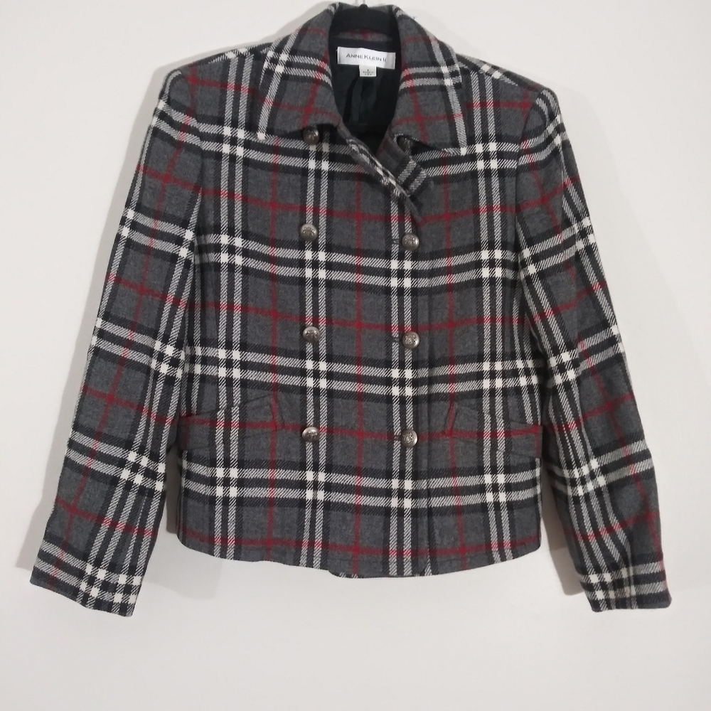 Anne Klein 100% wool plaid double breasted jacket